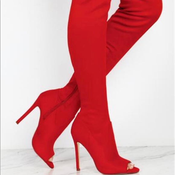 Miss Lola Shoes - Olivia Red Thigh High Boots